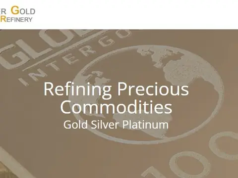 The Silver Gold Refinery website: the words Refining Precious Commodities, Gold Silver Platinum over a close view of a silver bar